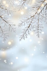 An abstract background featuring scattered snowflakes and soft bokeh lights in white and sky blue, creating a gentle and delicate effect