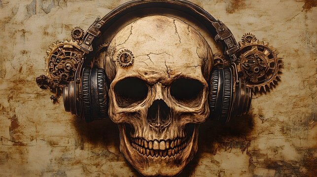 A vintage skull adorned with old-fashioned leather headphones, steampunk style, sepia tones, intricate mechanical gears, detailed illustration