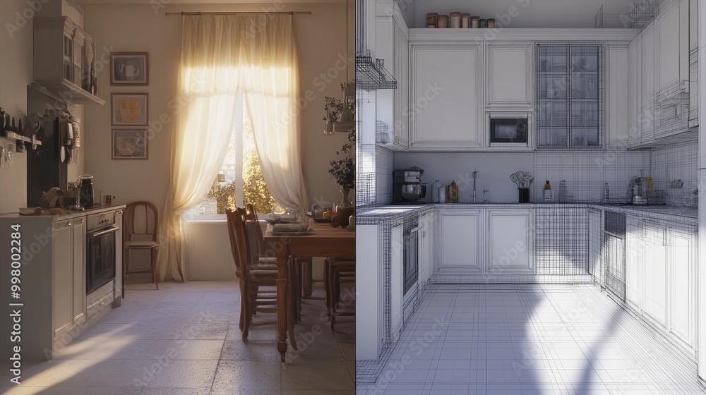 Poster a modern spacious kitchen gradually transforming from a realistic design to a wireframe sketch