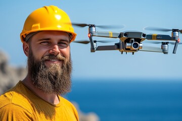 Bearded worker in a hard hat smiling while monitoring a drone at a shipping port representing the intersection of drone logistics and large scale maritime operations