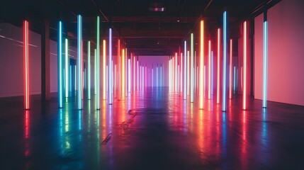 A futuristic art installation with mirrors arranged in a perfect circle, reflecting beams of colored light that seem to stretch into infinity. Futuristic, Minimalist, Neon, Clean design