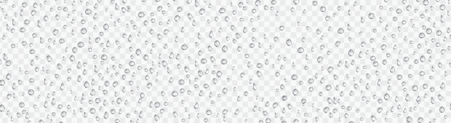 Seamless texture of Drops. Liquid clear droplet. Dew on glass surface. Realistic aqua pattern. vector illustration on transparent background