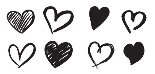 Set of eight hand drawn heart. Handdrawn rough marker hearts isolated on white background. Vector illustration for your graphic design