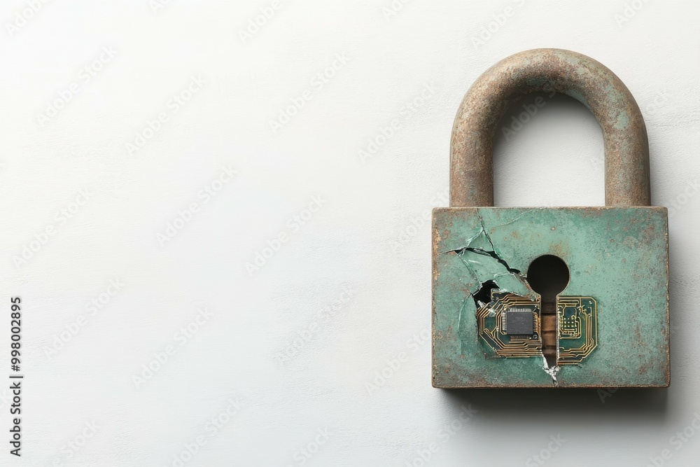 Poster a broken padlock with exposed circuitry inside symbolizing compromised security.
