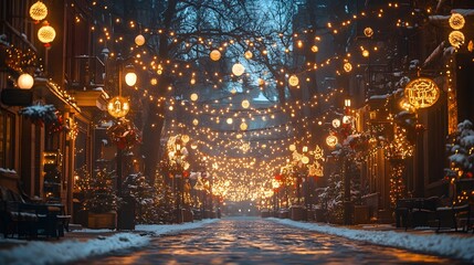 Naklejka premium Festive holiday lights illuminating a cozy winter street, perfect for year-end celebrations