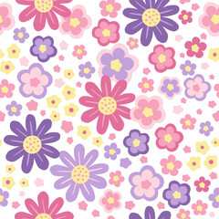 Hand drawn seamless pattern with abstract stylized flowers in pastel colors on a white background