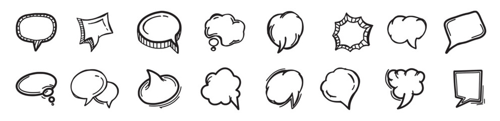 Set of hand drawn speech bubbles. Cartoon comic sketch balloons, clouds for communication drawing