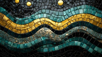 Art deco-inspired mosaic wall, black, gold, emerald sea glass forming sharp angular waves, dramatic lighting, elegant, retro-futurism, metallic highlights, wide-angle shot