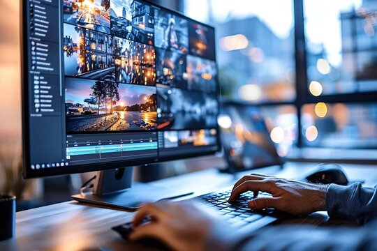 close-up shot of a designer editing photos on a computer in a creative office setting, showcasing the process of graphic design and digital artistry.