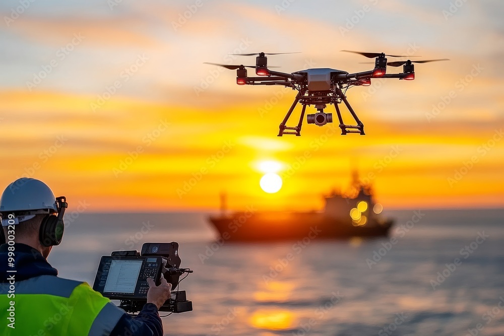 Poster drone flying over a shipping dock at sunset while a worker in a helmet observes illustrating the int