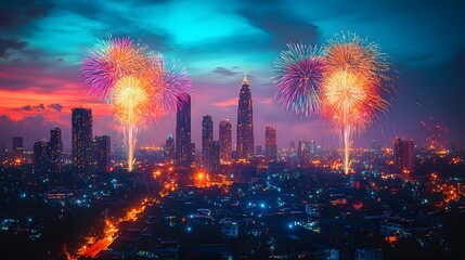Fototapeta premium Colorful fireworks over a city skyline, celebrating the arrival of the New Year