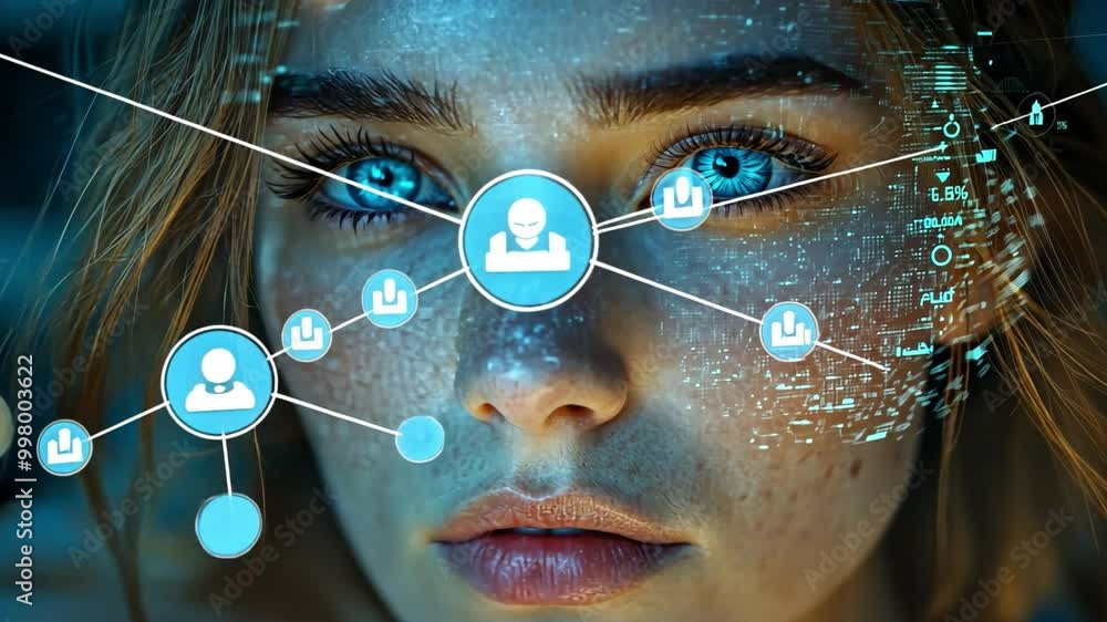 Aufkleber a woman with captivating blue eyes engages with holographic data while surrounded by a dark, high-te