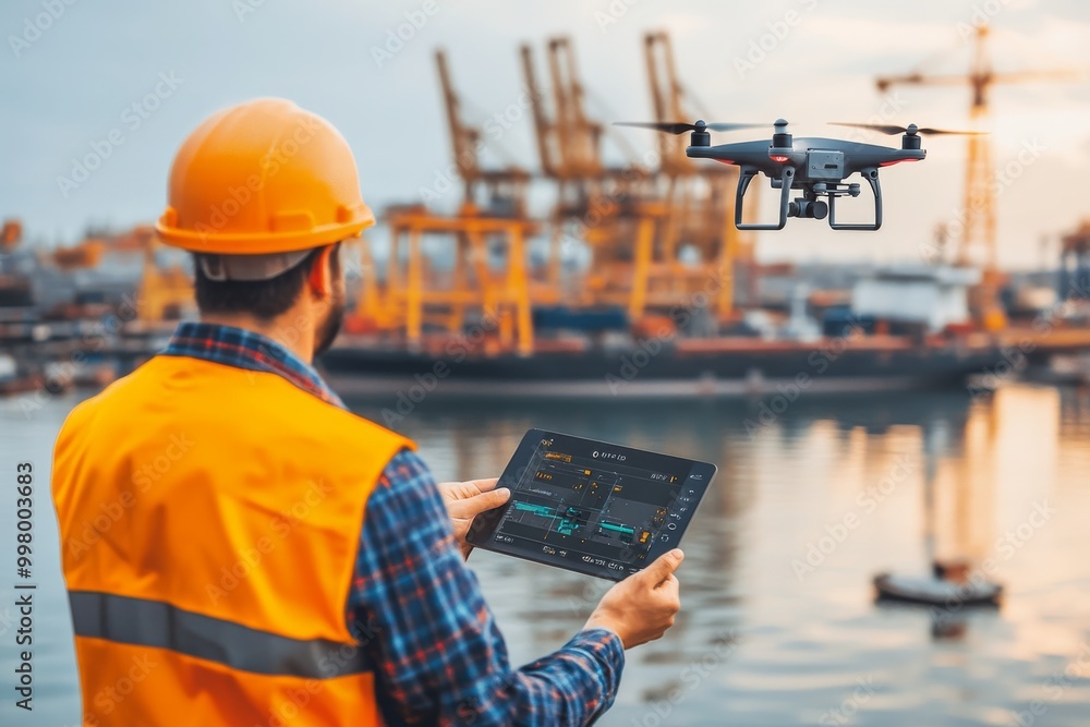 Poster worker holding a tablet while monitoring a drone flying over a busy shipping port symbolizing the in