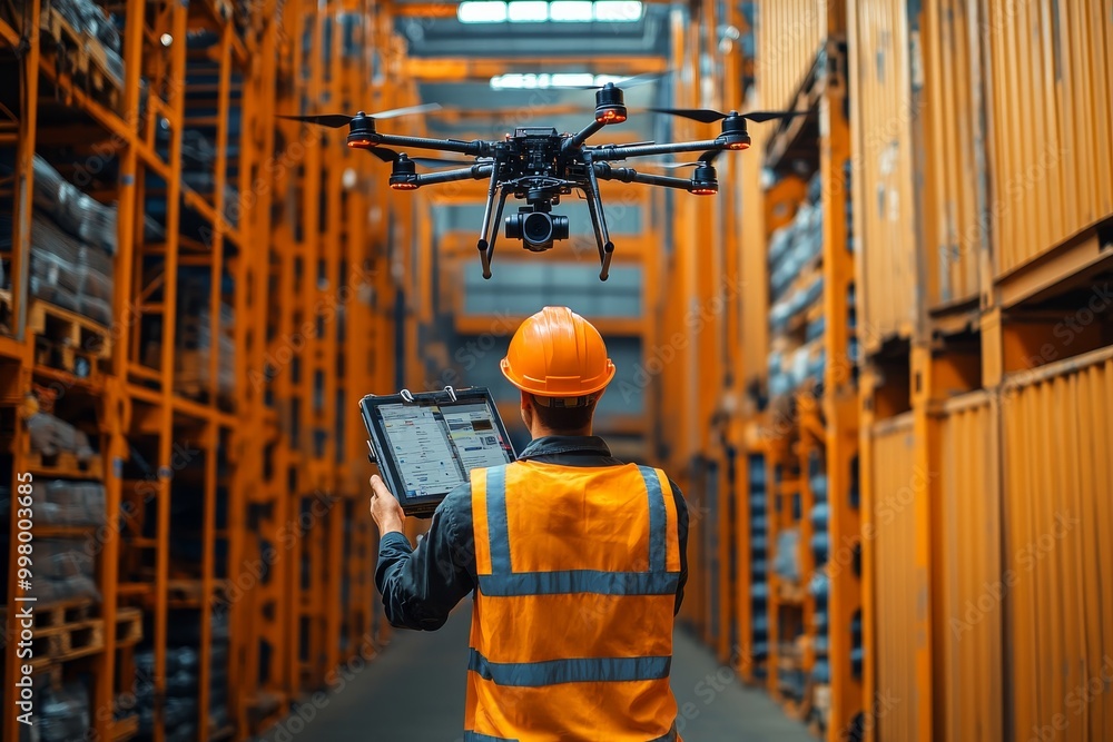 Poster worker in a warehouse using a tablet to control a drone flying between high shelves representing the