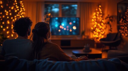 Obraz premium Festive Holographic Movie Night in Stylish Smart Home - Cozy Christmas Entertainment for Couple