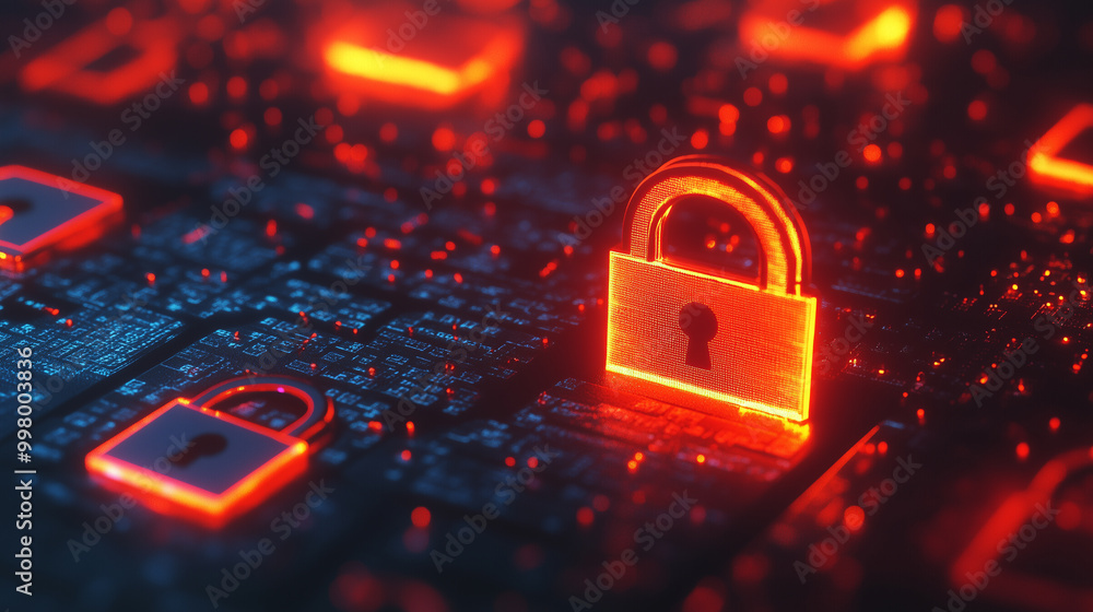 Poster a glowing red digital lock on a circuit board, representing high-tech cybersecurity, encryption, and