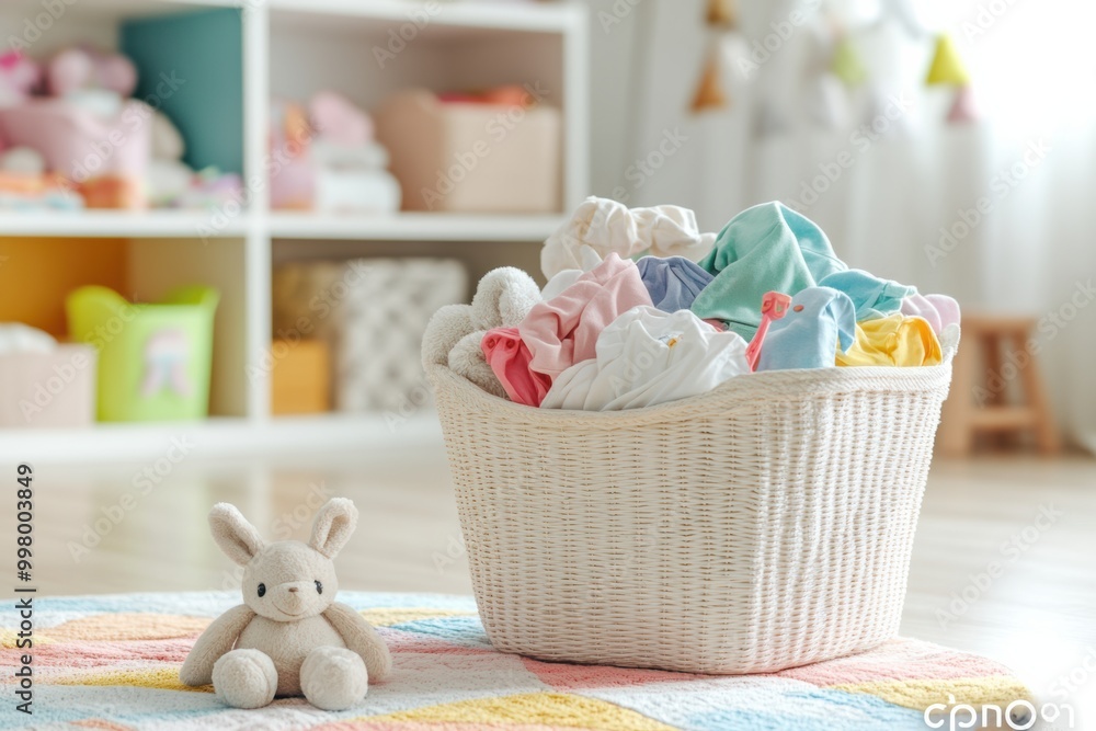 Poster the laundry basket overflows with vibrant children's clothing and soft toys in a well-lit room creat