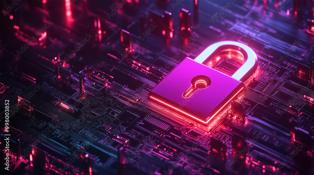 Poster a glowing digital padlock on a circuit board, representing cybersecurity, encryption, and data prote