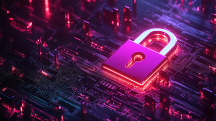 A glowing digital padlock on a circuit board, representing cybersecurity, encryption, and data protection in modern technology systems and networks.