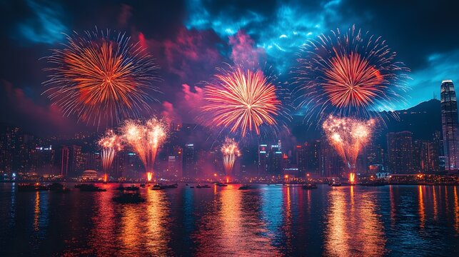 Colorful fireworks exploding over a festive city square, welcoming the New Year