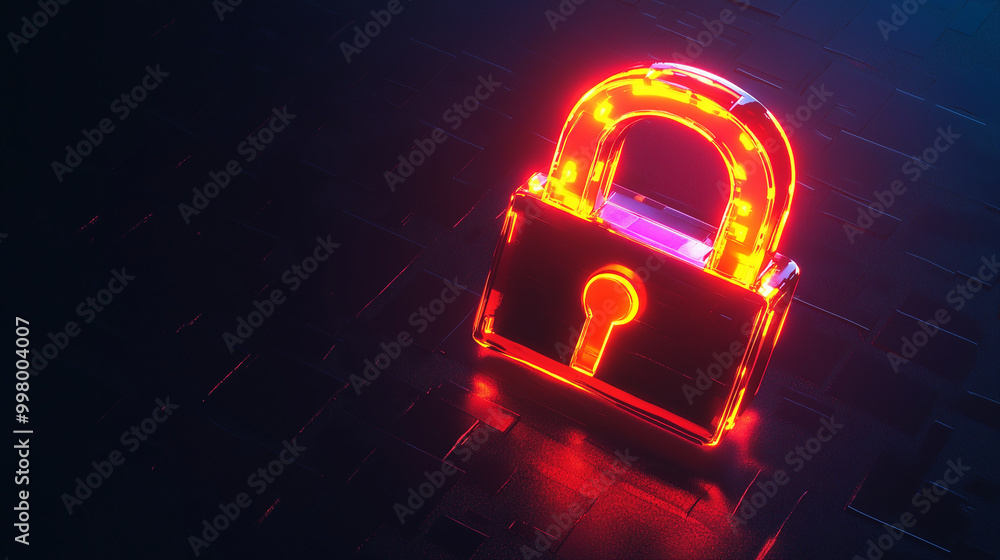 Poster a futuristic glowing red padlock on a dark surface, representing cybersecurity, encryption, and data