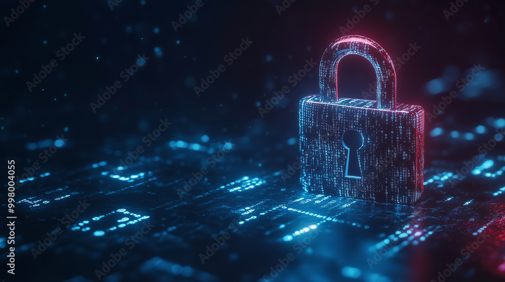 Poster a glowing blue digital padlock on a grid background, representing advanced data encryption, digital 