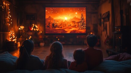 Fototapeta premium Festive Holographic Christmas Story: Modern Tech Family Gathering in Cozy Living Room with Sony A7S III