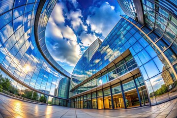 Fisheye glass facade futuristic building electric blue sky background