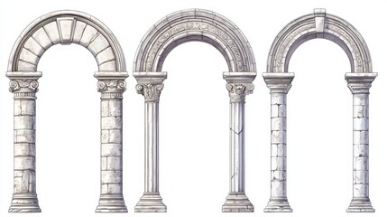 Architectural elements illustration set with various arches and columns in four styles. Features classic stone arches with intricate textures.