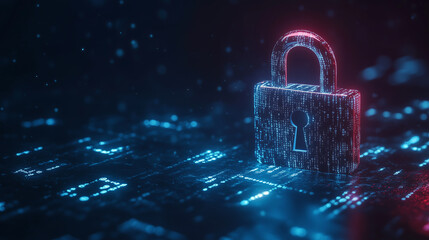 A glowing blue digital padlock on a grid background, representing advanced data encryption, digital security, and secure technology in modern systems.