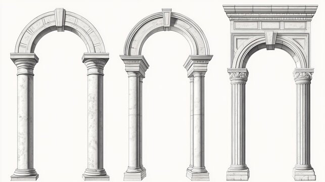 Architectural elements illustration set with various arches and columns in four styles. Features classic stone arches with intricate textures.