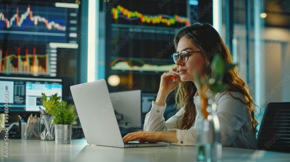 Poster focused woman works on laptop in modern office, analyzing financial data displayed on multiple scree