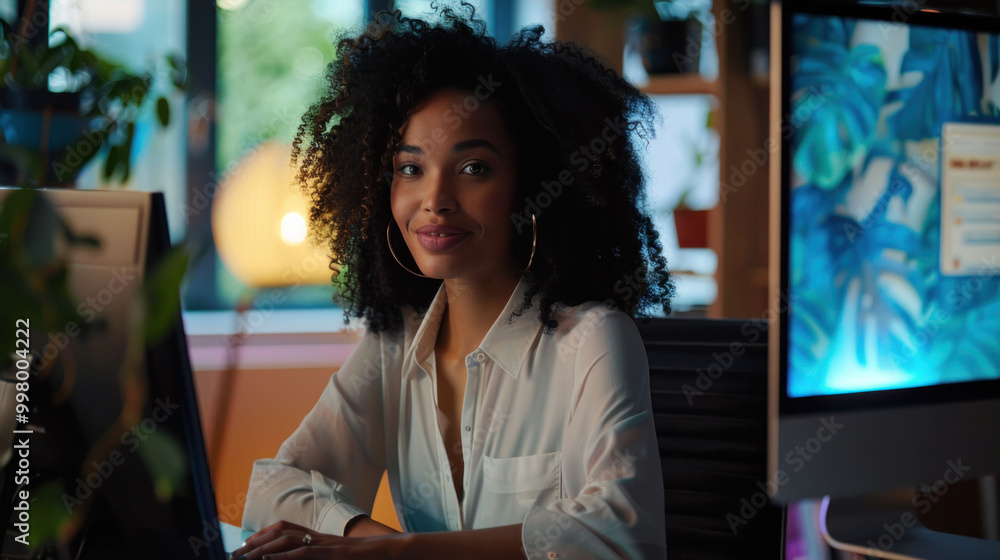 Poster woman with curly hair smiles confidently while sitting at desk in modern office environment, surroun