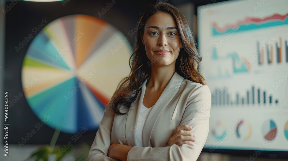 Aufkleber confident businesswoman stands in front of colorful charts and graphs, showcasing her expertise in d