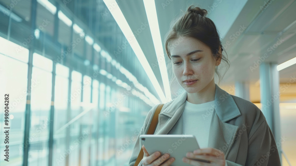Aufkleber young woman is focused on her tablet while standing in modern, well lit environment with large windo