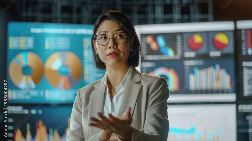 Aufkleber professional woman in business setting is presenting data insights, surrounded by large digital screens displaying various graphs and charts. Her confident demeanor reflects expertise in data