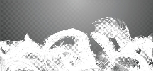 Vector white feathers collection, set of different falling fluffy twirled feathers, isolated on transparent background. Realistic style, vector 3d illustration