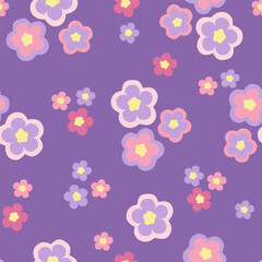 Hand drawn seamless pattern with abstract stylized flowers in pastel colors on a purple background