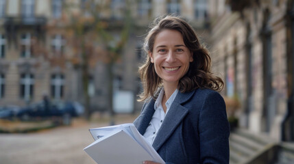 confident woman smiles while holding documents outside historic building, showcasing professional demeanor. Her relaxed posture and warm expression convey sense of accomplishment and readiness