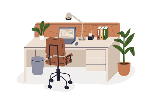 Empty workplace, office desk with laptop, table lamp, stationery and chair. Workspace with computer, plant and seat. Professional furniture. Flat vector illustration isolated on white background