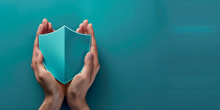 A pair of hands gently holding a turquoise shield, symbolizing protection, security, and care in a safe environment. The soft background enhances the feeling of security and trust.