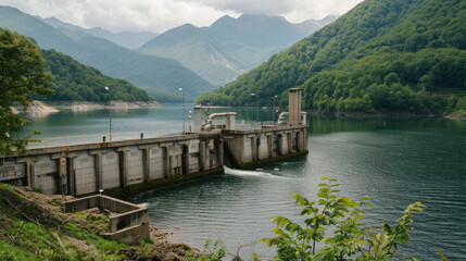 serene view of dam surrounded by lush green mountains and calm waters, showcasing harmony between nature and engineering. landscape reflects tranquility and beauty of environment