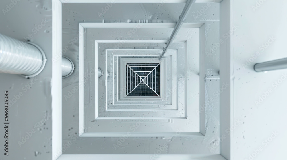 Poster captivating view looking up through modern architectural structure, showcasing series of geometric s