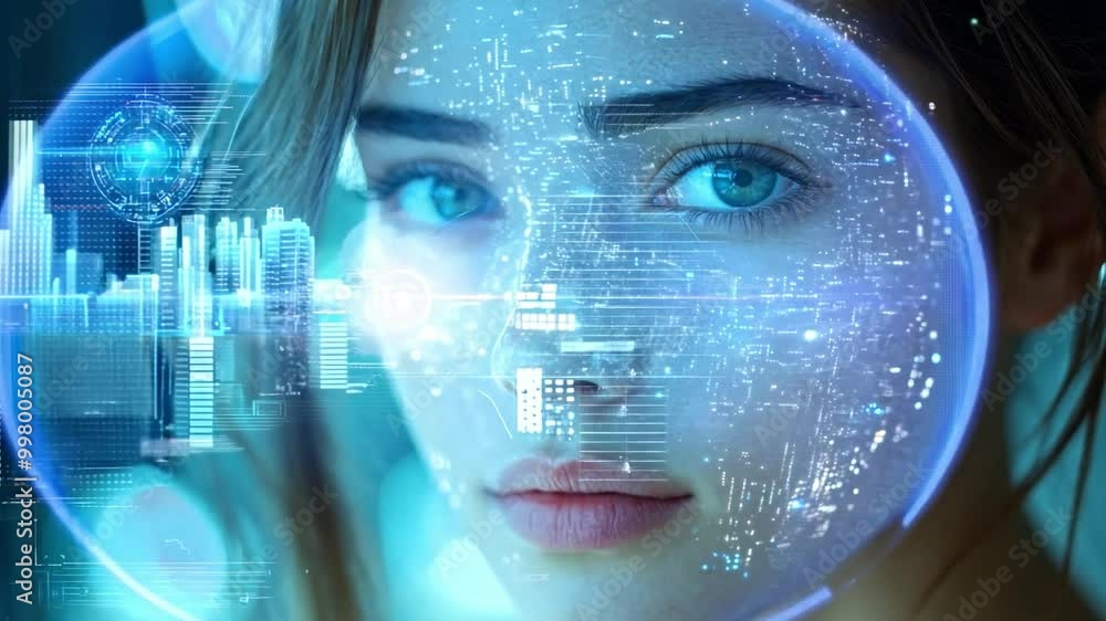 Aufkleber the young woman looks pensively into the distance while digital data graphics overlay her face, merg