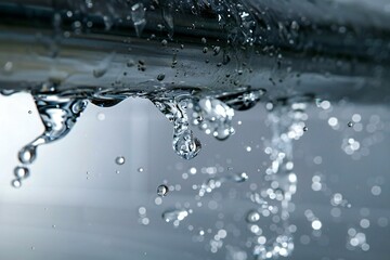close-up shot of water leaking from a stainless steel pipe against a gray background, highlighting the potential damage and need for repair.