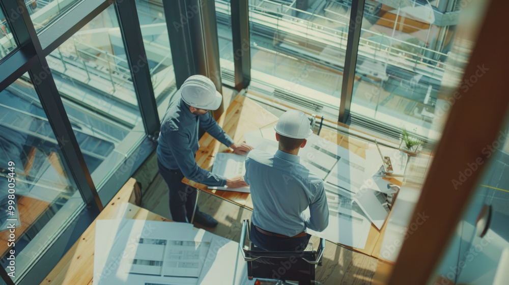 Aufkleber designers collaborate on architectural plans in modern office space, showcasing teamwork and creativ
