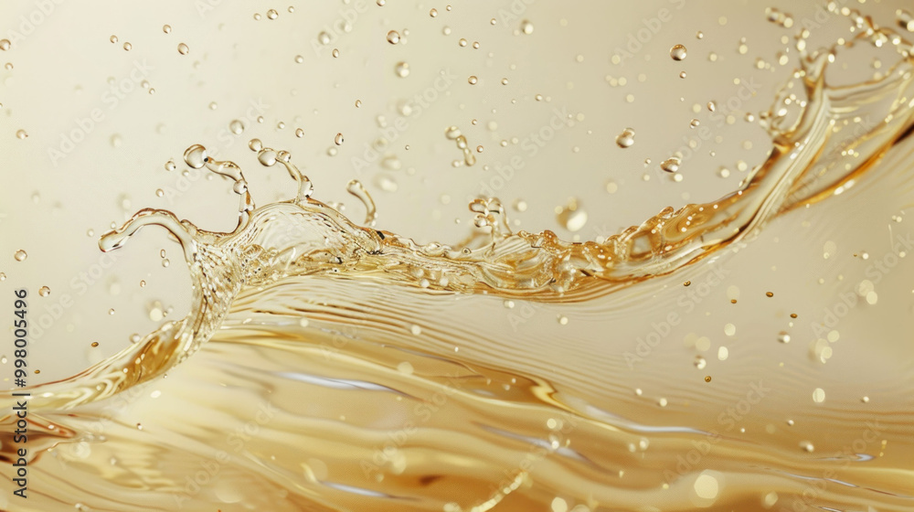 Poster Golden liquid splashes gracefully, creating dynamic waves and bubbles against soft, warm background. shimmering effect evokes sense of elegance and fluidity