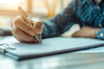Fototapeta premium close up photo of a businessman writing on a checklist with a pen, focusing on the tasks being completed.