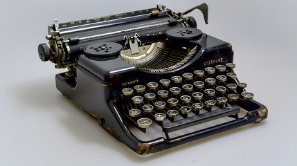 Vintage black typewriter with white keycaps.