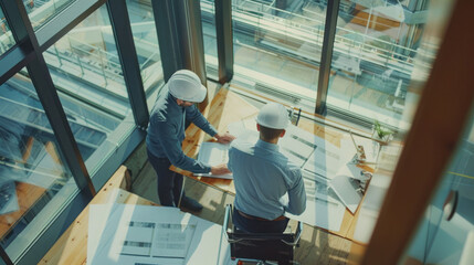 Designers collaborate on architectural plans in modern office space, showcasing teamwork and creativity. bright environment enhances their focus and productivity